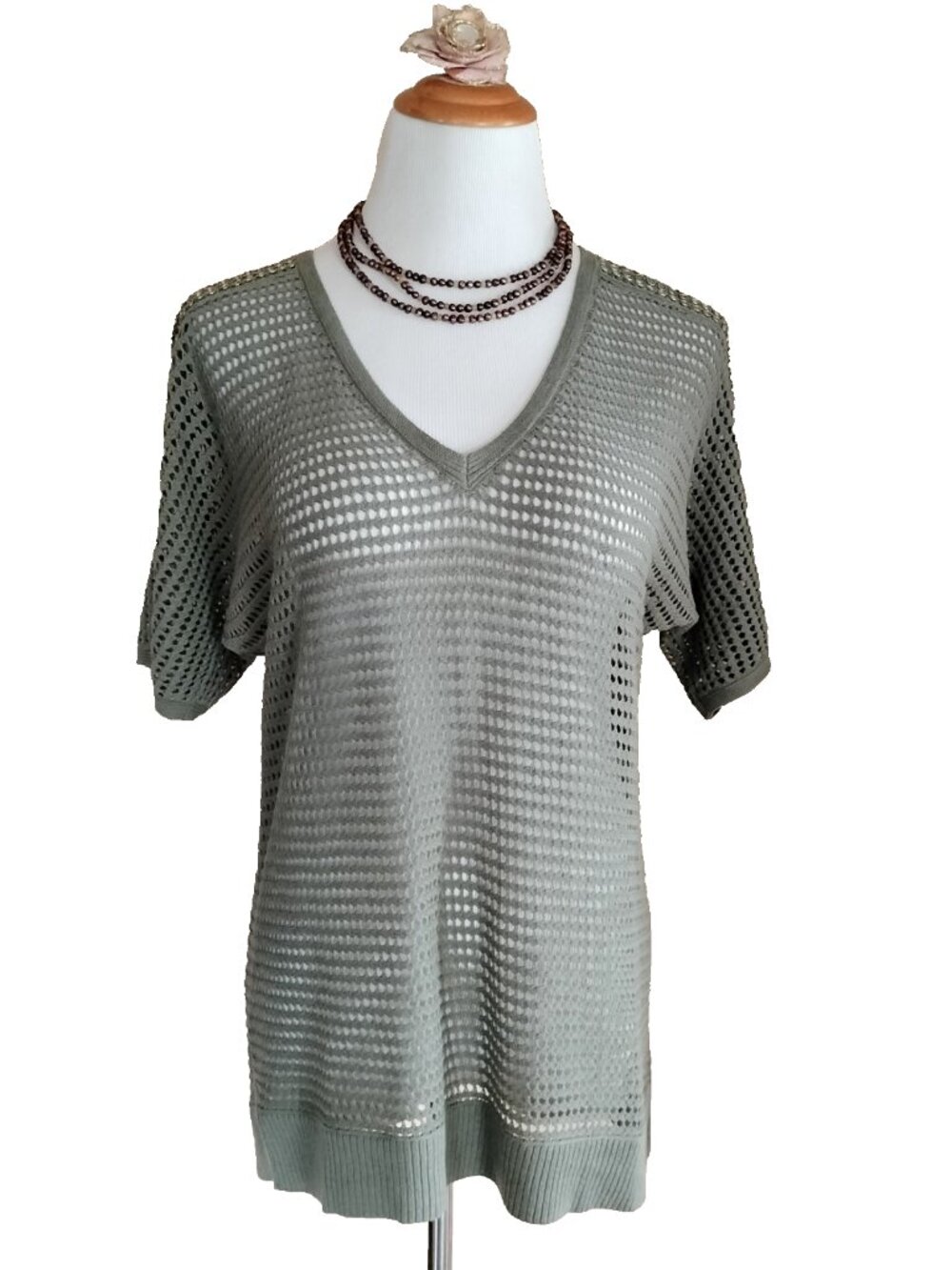 Chico's Linen Cotton Open Work Knit Top Sz 1/Med Olive Grommets Dolman Short Slv